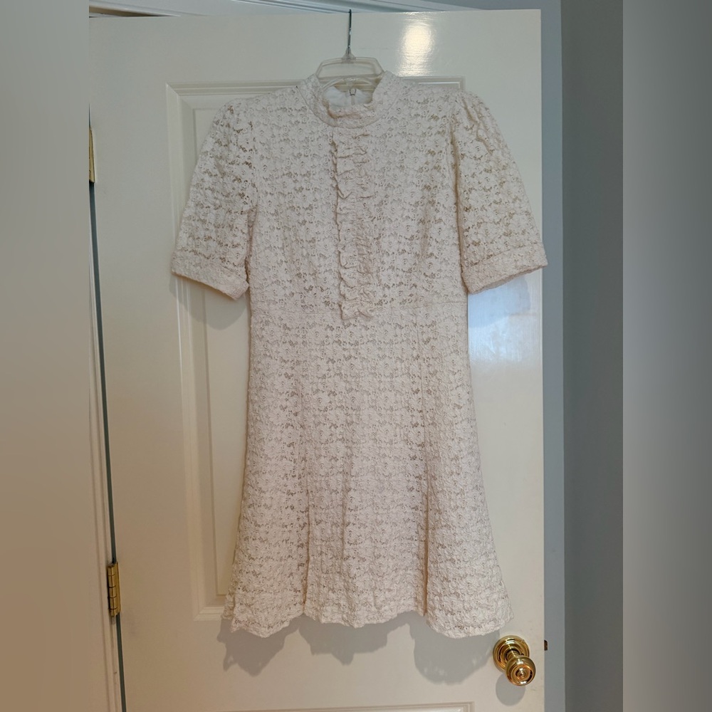 Shoshanna Cream Lace Ruffle-Front Short Sleeve Dress